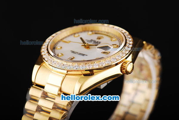 Rolex Day Date II Automatic Movement Full Gold with Diamond Bezel-White MOP Dial and Diamond Markers - Click Image to Close